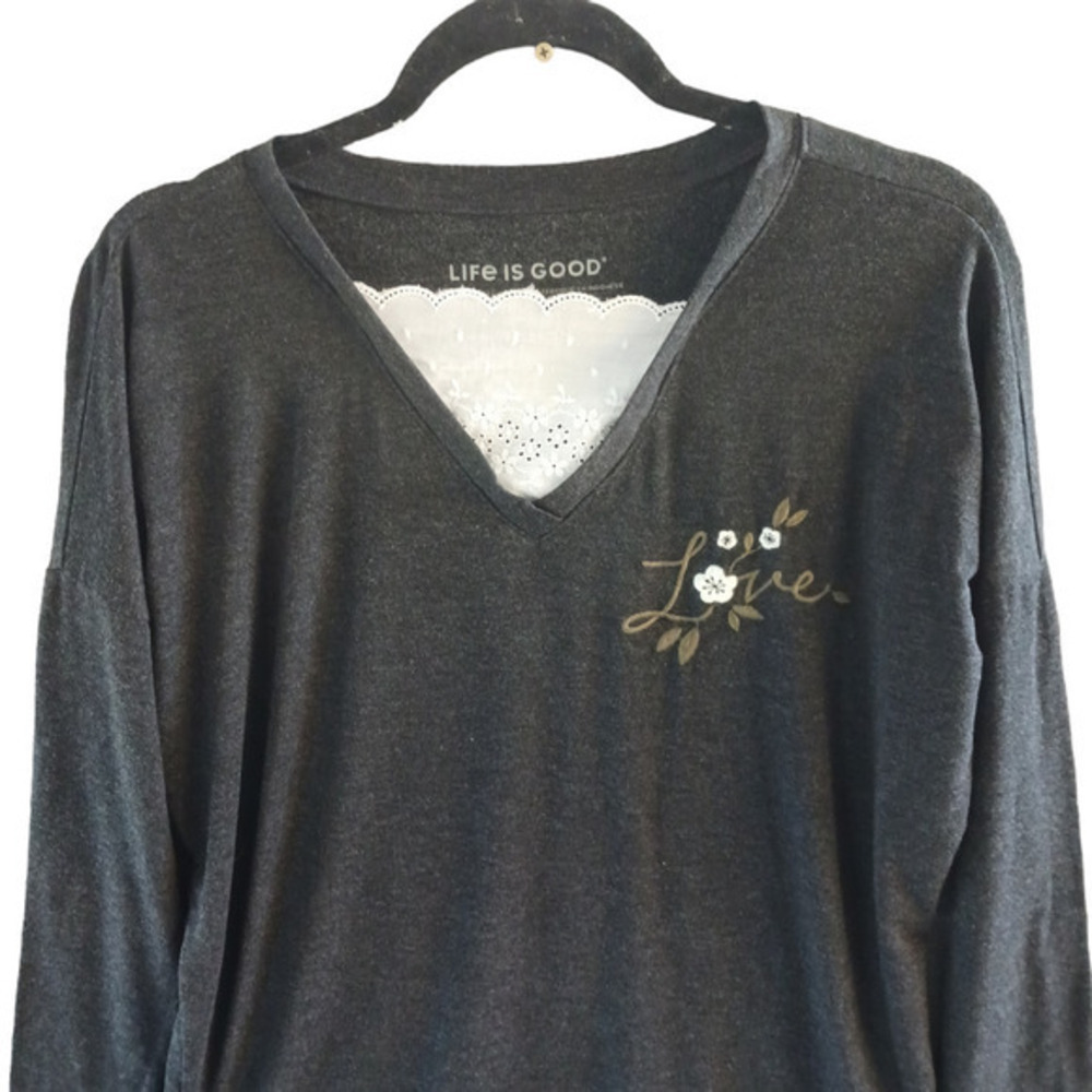 Life Is Good Supreme Blend Pullover Women XS Gray Embroidered Love Oversized - Picture 3 of 13